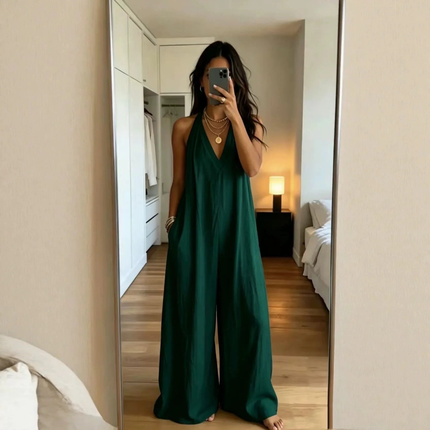 Women's White Halter Jumpsuit Deep V Neck Sleeveless Wide Leg Cuffed Hem Pocketed Boho Resort Casual Summer Y2K Chic Jumpsuit