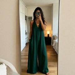 Women's White Halter Jumpsuit Deep V Neck Sleeveless Wide Leg Cuffed Hem Pocketed Boho Resort Casual Summer Y2K Chic Jumpsuit
