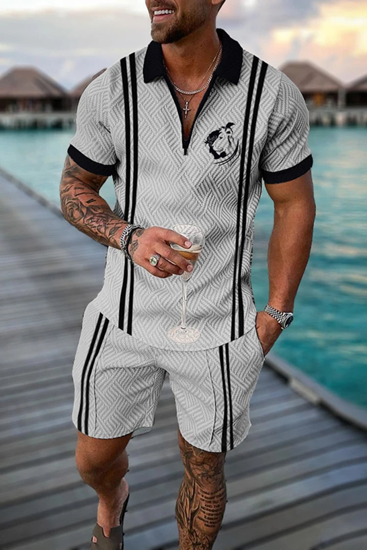 Summer Men's Tracksuit Short Sleeve Polo Shirt Set Fashion Luxury Chain Print Clothing 2 Pieces Casual Suit Streetwear Outfit