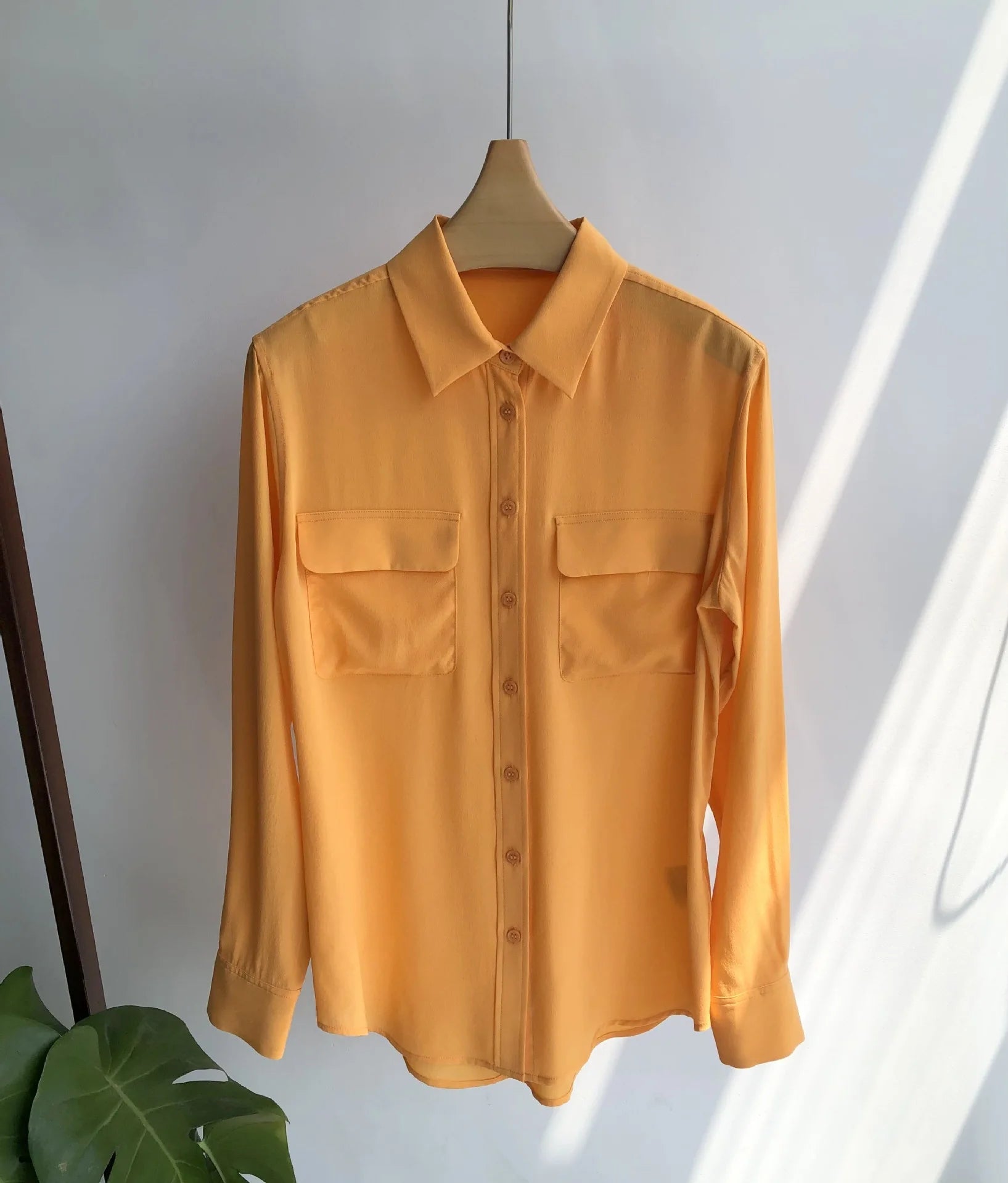 Women Real Silk Shirts Classic Double Pockets Solid Color Casual Fashion Long Sleeve Thin Shirt Blouses Tees