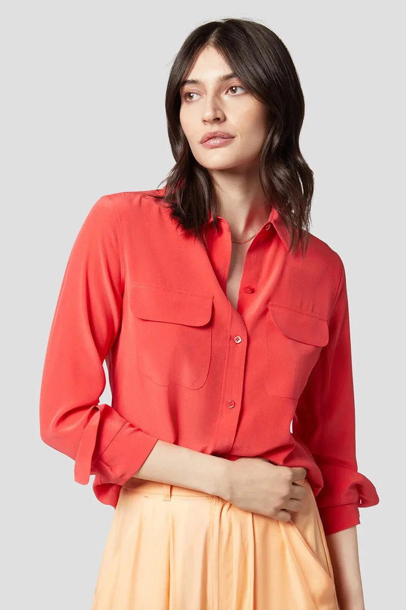 Women Real Silk Shirts Classic Double Pockets Solid Color Casual Fashion Long Sleeve Thin Shirt Blouses Tees