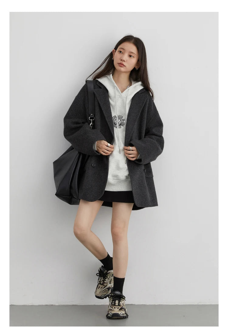 CHIC VEN Women's Woolen Coats Loose Casual Double Breasted Retro Double-sided Jacket Office Lady Outerwear Autumn Winter 2026