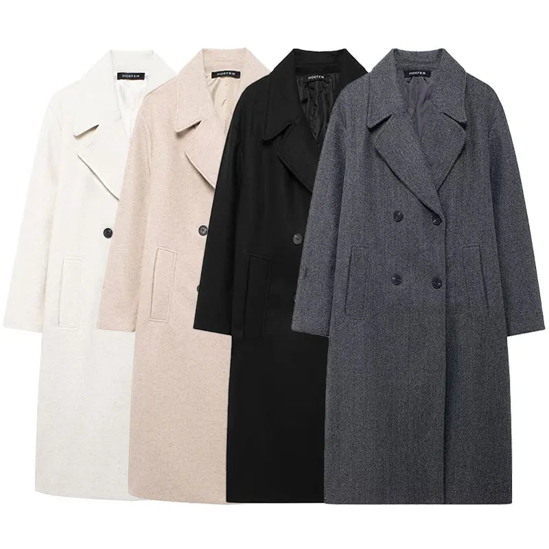 Winter Coat For Women 2024 Solid Lapel Double Breasted Long Cardigan Top Female Pokcet Streetwear Woman New In OuterCoat