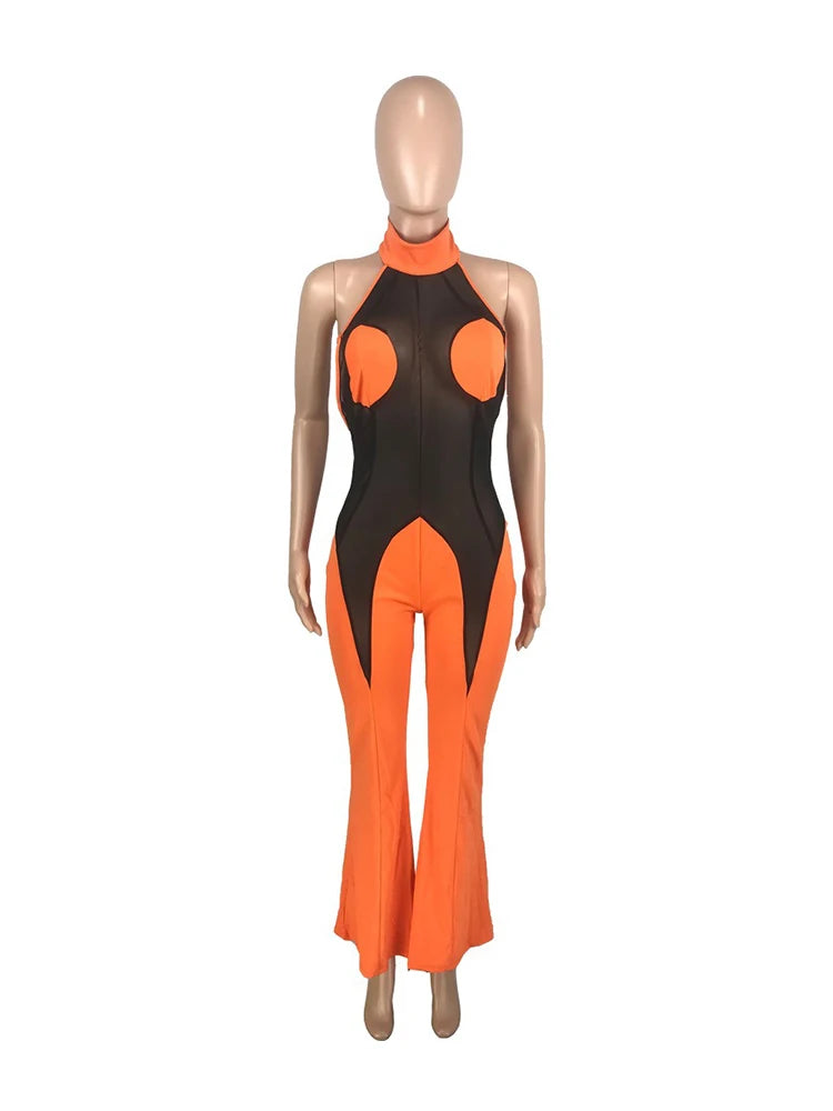 Sheer Lace Halter Flare Jumpsuit