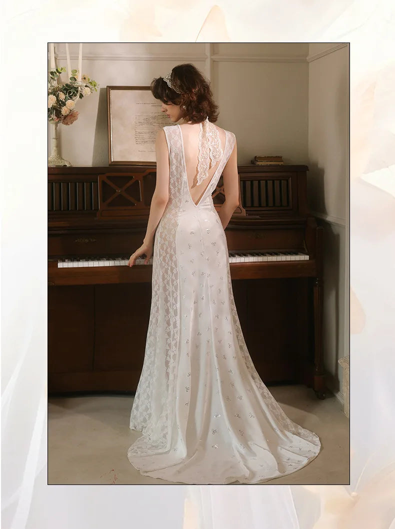 Women's Nightgown Luxury V Neck Sleeveless Night Dress Fashion Slim White Princess Long Dress Summer Ladies Sleepwear Vestido