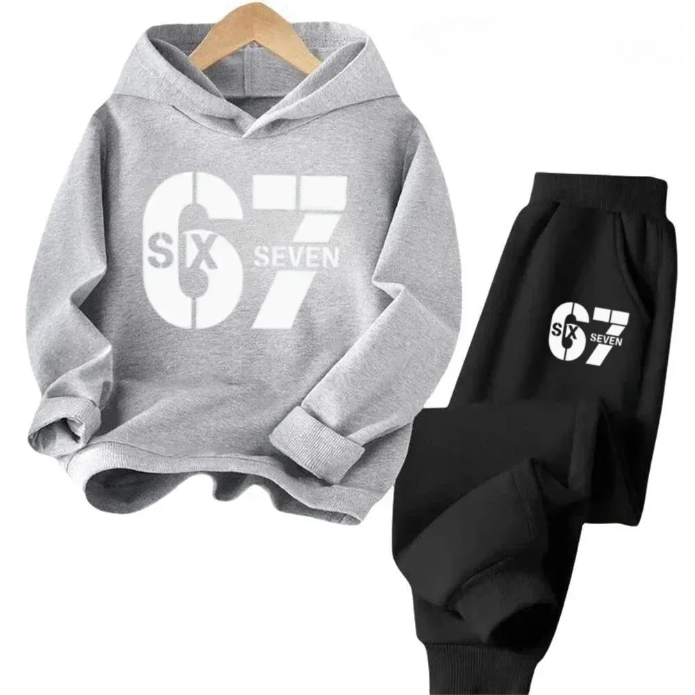 67 Hoodie Set Big Sale, 2-piece Set Suitable for Children Aged 4 To 13, Discounted Cartoon Printed Cotton Sportswear