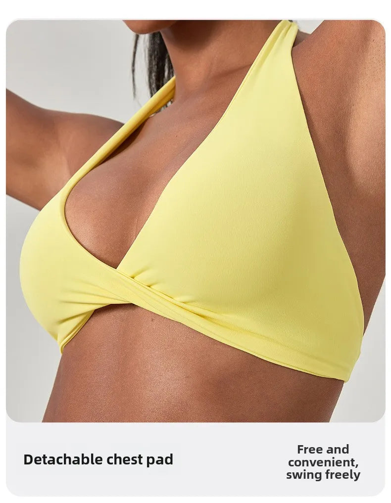 Strappy Bra for Women Open Back Halter Sports Bra Light Support Gym Crop Top Seamless Workout Yoga Top Bra Padded Bras