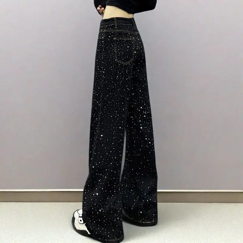 New Female Black Jeans Are Cool Studded With Diamonds. Casual Denim Trousers High-waisted, Straight-leg Wide-leg Pants Women's
