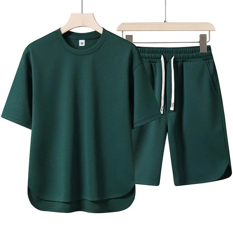 NEW Summer Men Suit Round Neck Short Sleeve T-shirt+shorts Two Piece Set Loose Outdoor sport Casual Suit men T-shirt Tracksuit