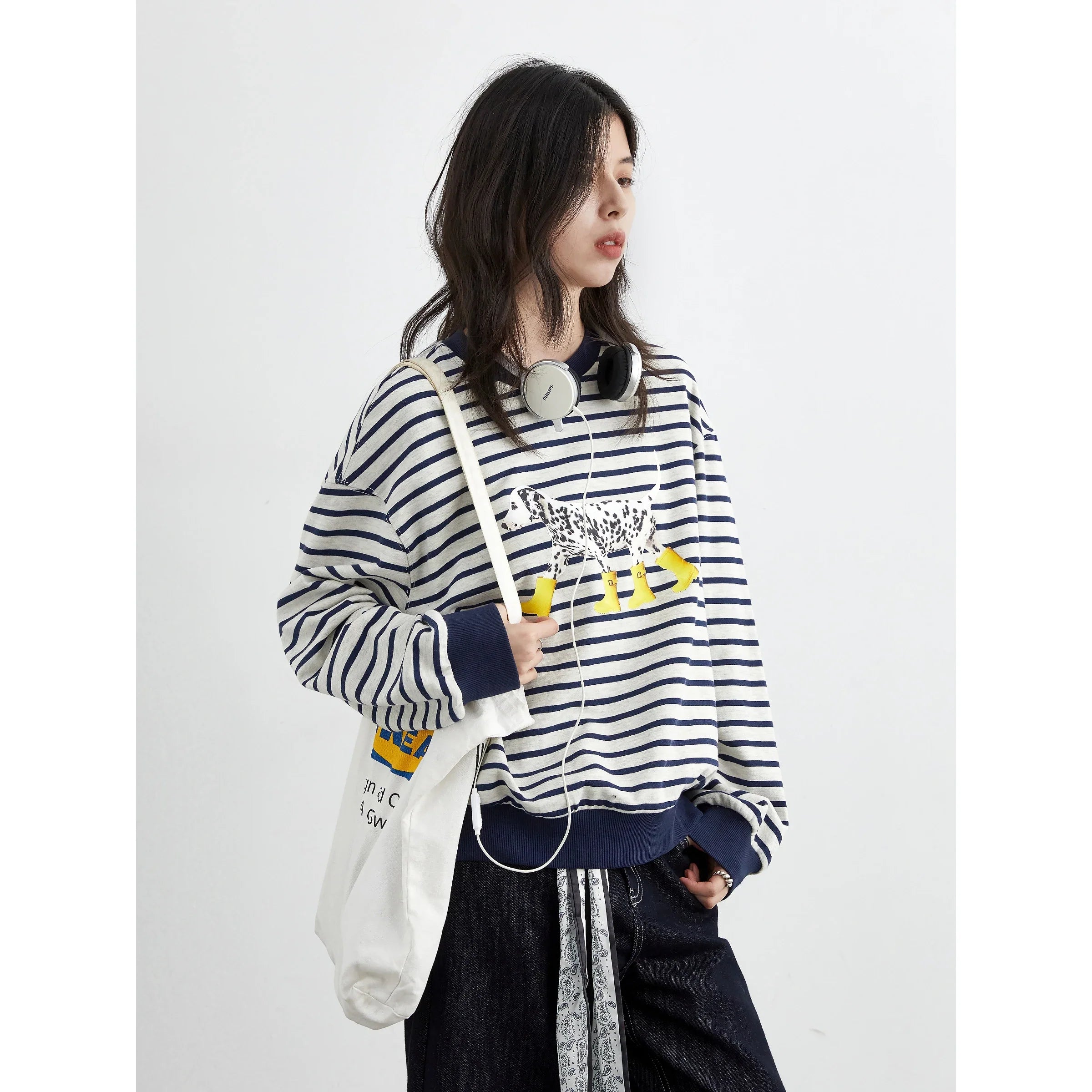 Striped Dog Print Loose Tee