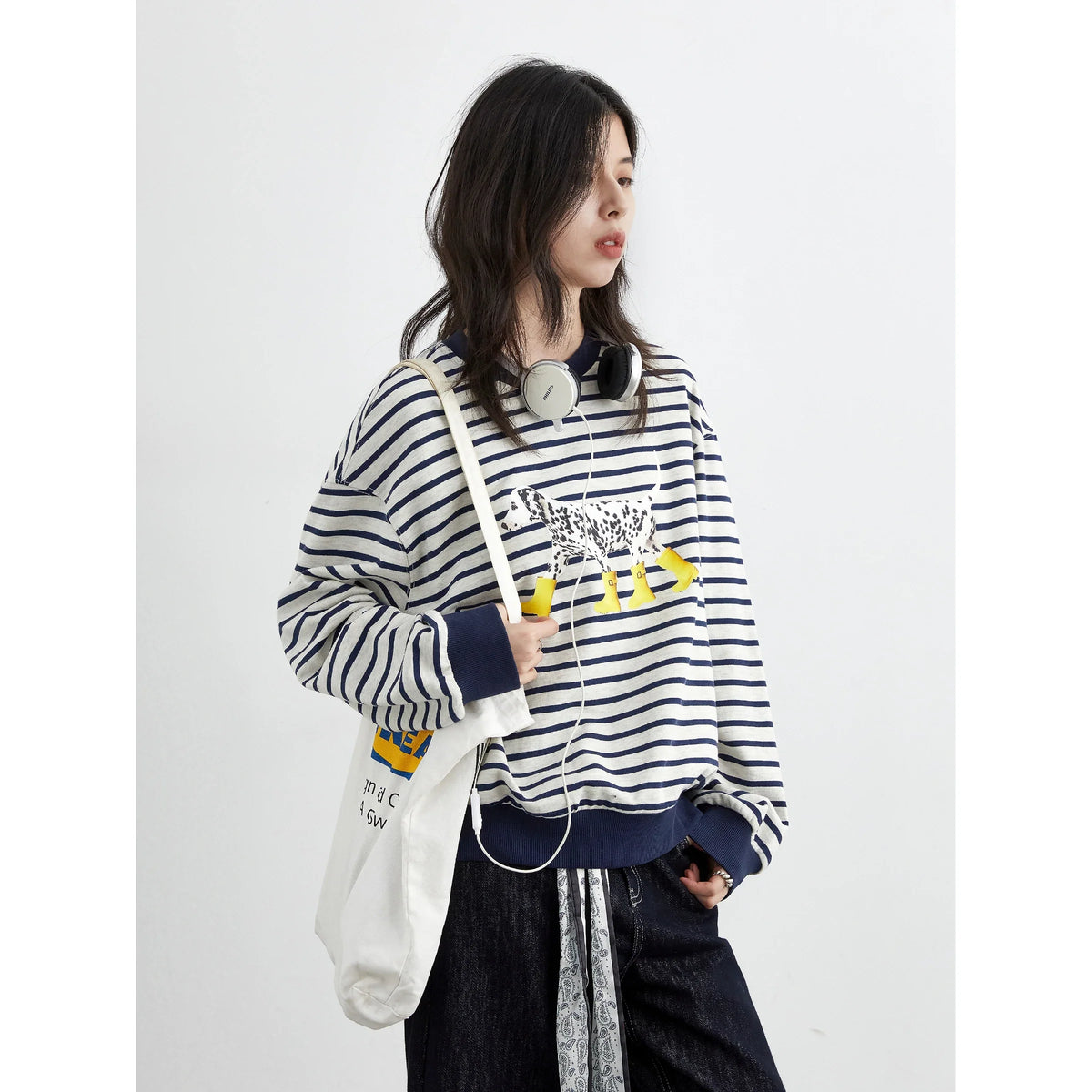 Striped Dog Print Loose Tee