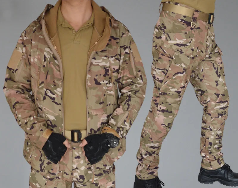 Oulylan SoftShell Tactical Waterproof Jacket Fishing Hiking Camping Climbing Jacket HoodedWinter Autumn Tracksuits Set Men