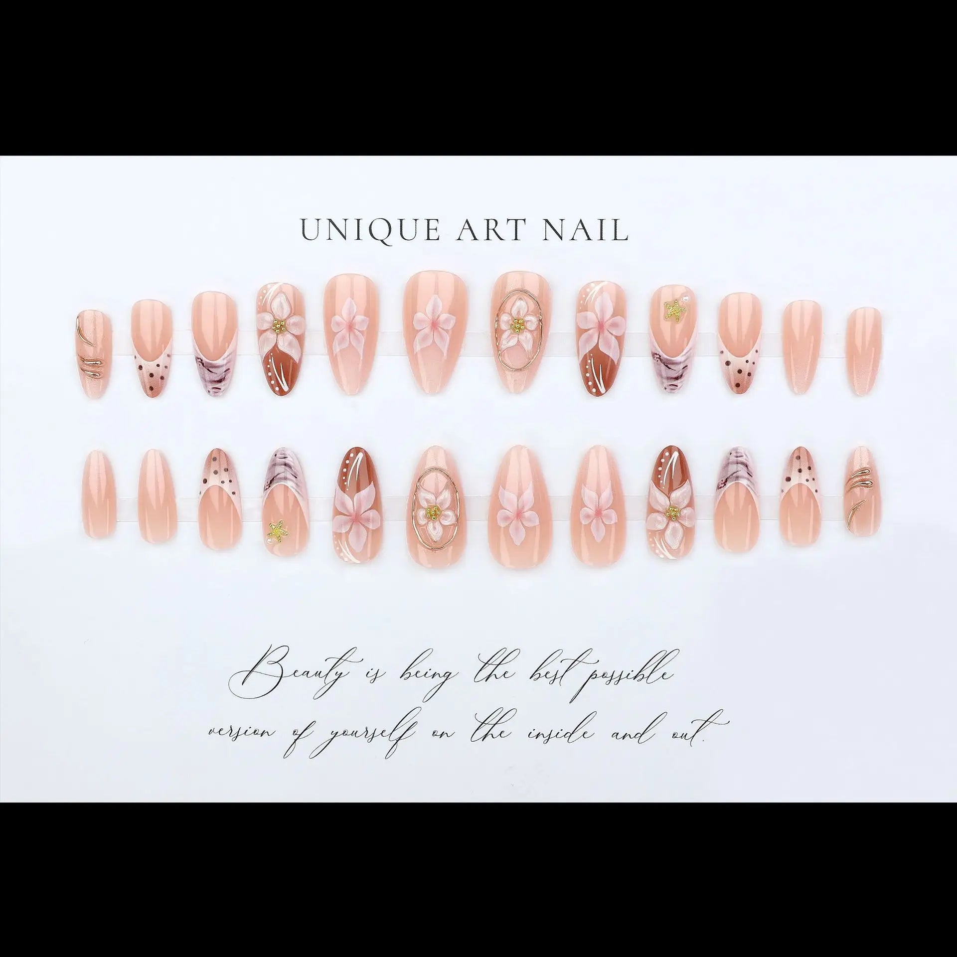 Medium fake nails for women Gradient nude brown blue flowers or rhinestones fall winter almond tips press on false nail art set