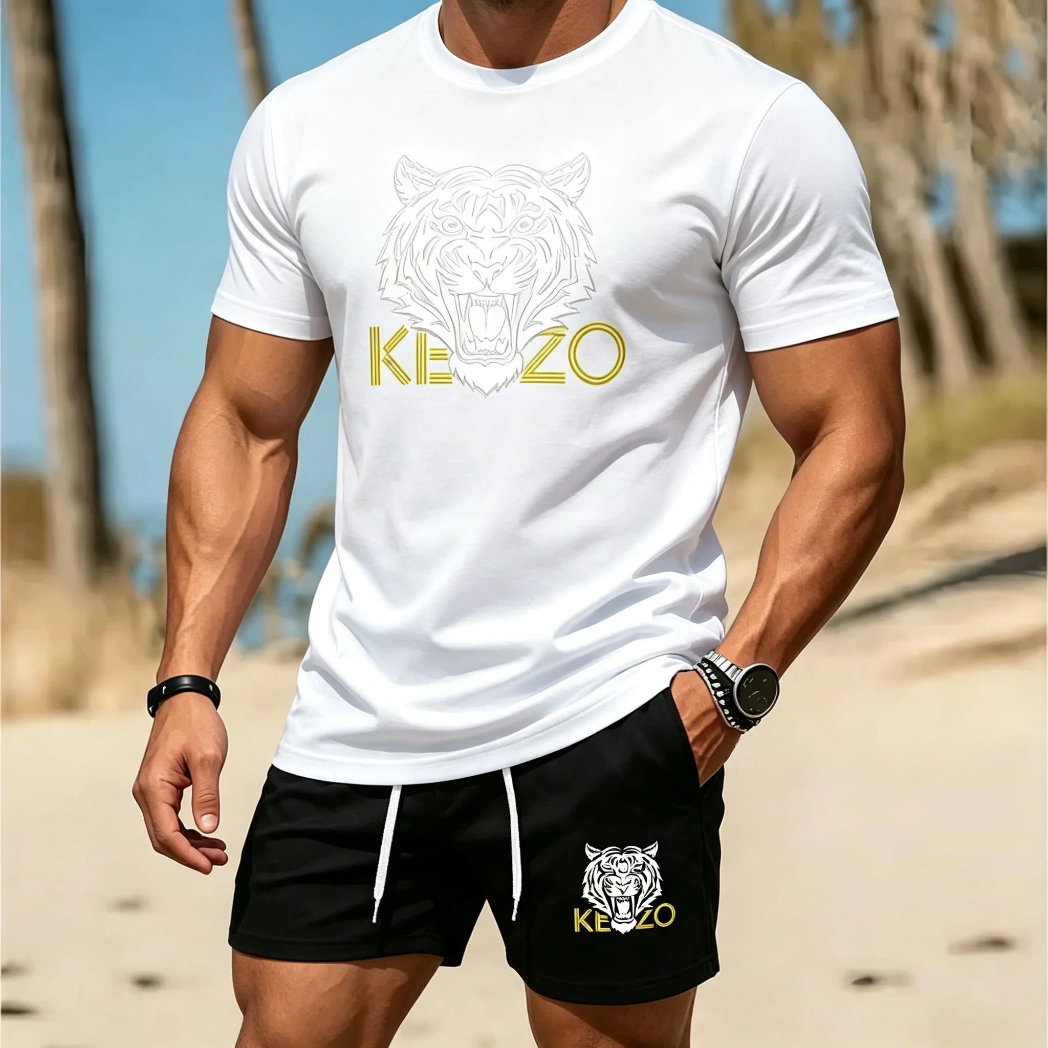 Men Summer Tiger Stripe 2 Piece Tracksuit Breathable Quick Dry Short Sleeve T Shirt Shorts Set Gym Running Sportswear