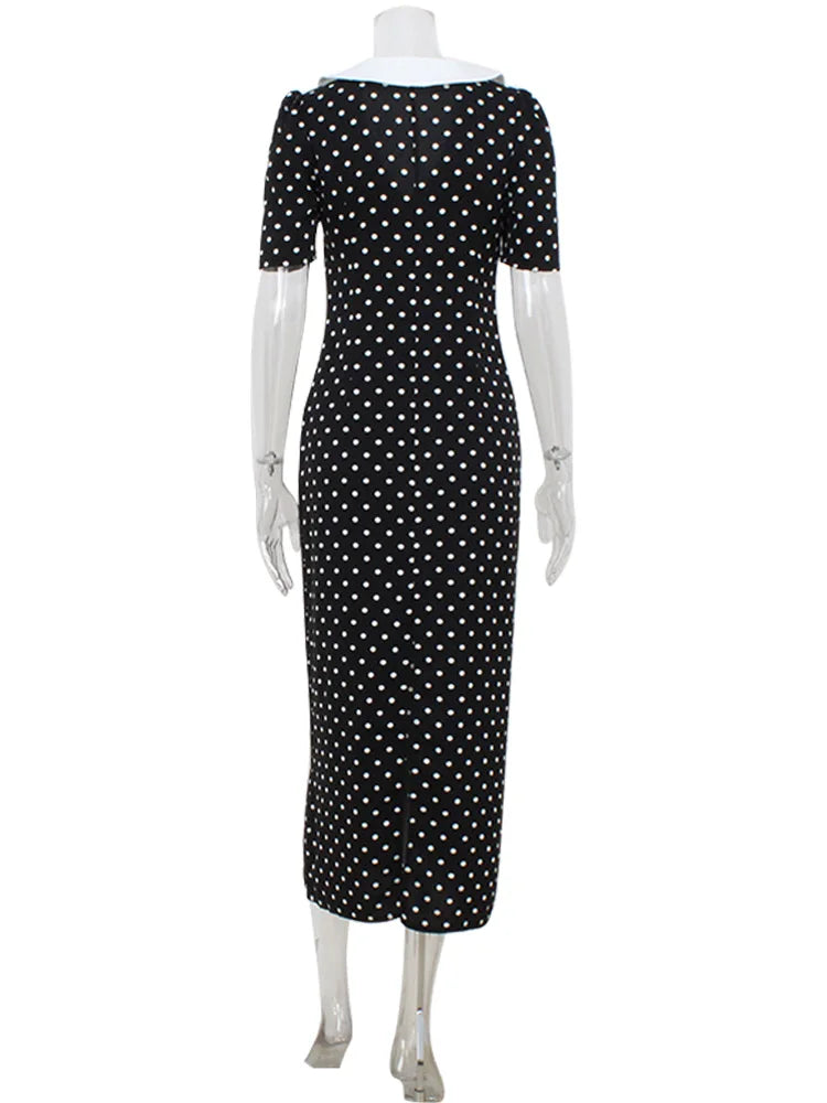 Dot Printed Dresses For Women Fashion Sexy Streetwear Short Sleeves Sheath Turn Down Collar V-Neck Long Vestidos Robes Female