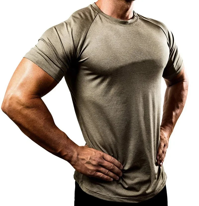 Summer Gym T-shirts Men's Solid Fitness Clothing O-neck Short Sleeve Tops Breathable Slim Bodybuilding Workout Muscle Tees Male