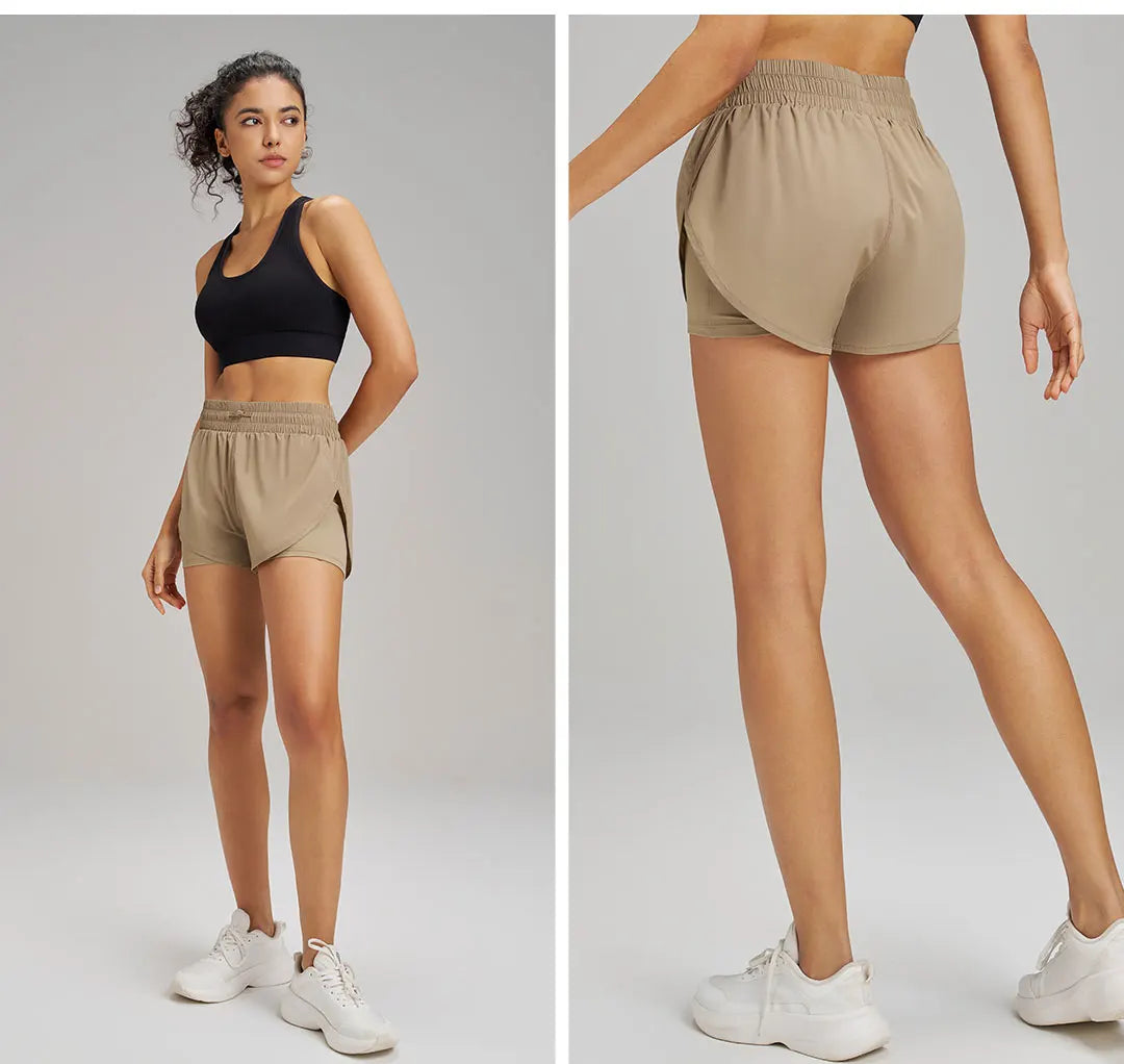 Yoga Shorts Sports Fitness Shorts High Waist Running Fake Two Pieces Anti-Shine Shorts Women's Double Layer Training Leggings