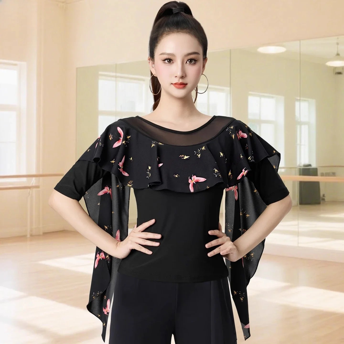 Dancewear Women Tops Summer Fashion Print Latin Line Dance Costume New Products Ballroom Dance Women Top Training Clothes Black