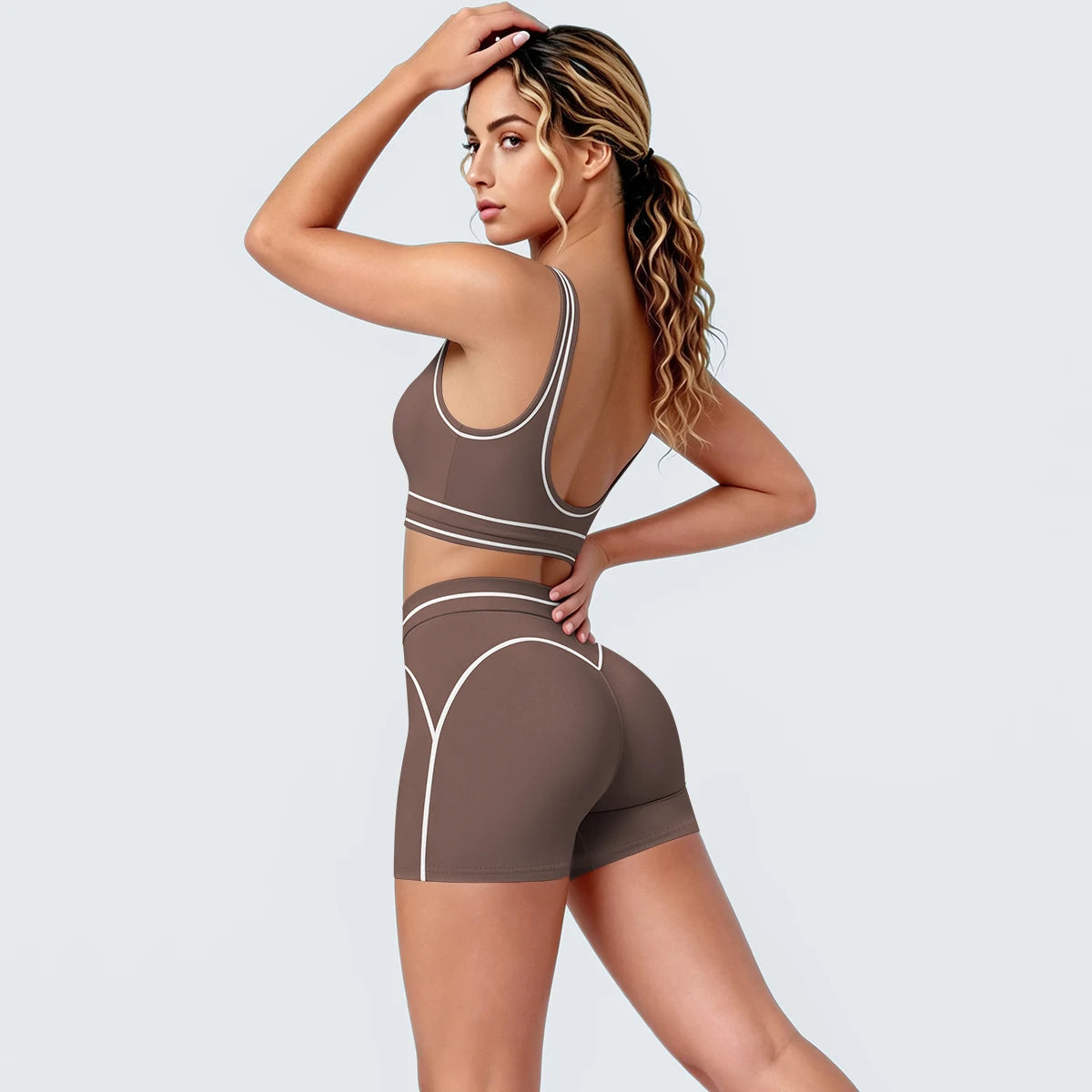 New Woman Yoga Set Color Blocking Sexy Sport Bra Yoga Underwear with Chest Pad High Waist Stripe Running Fitness Shorts Yoga Set