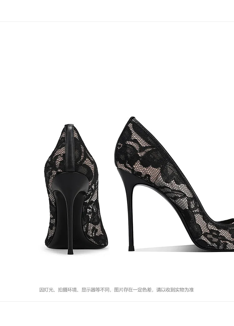 Black Lace High Heels for Women, 2026 New Slim Heel Pointed Sexy Versatile French Spring and Summer Breathable Single Shoes