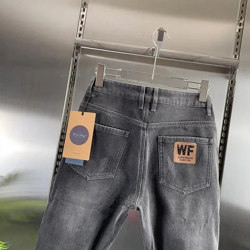 Thick Jeans Men's Slim Fit Spring Autumn Winter Casual Long Pants Cotton Stretch Denim mid Waist Zipper Closure Wear Resistant