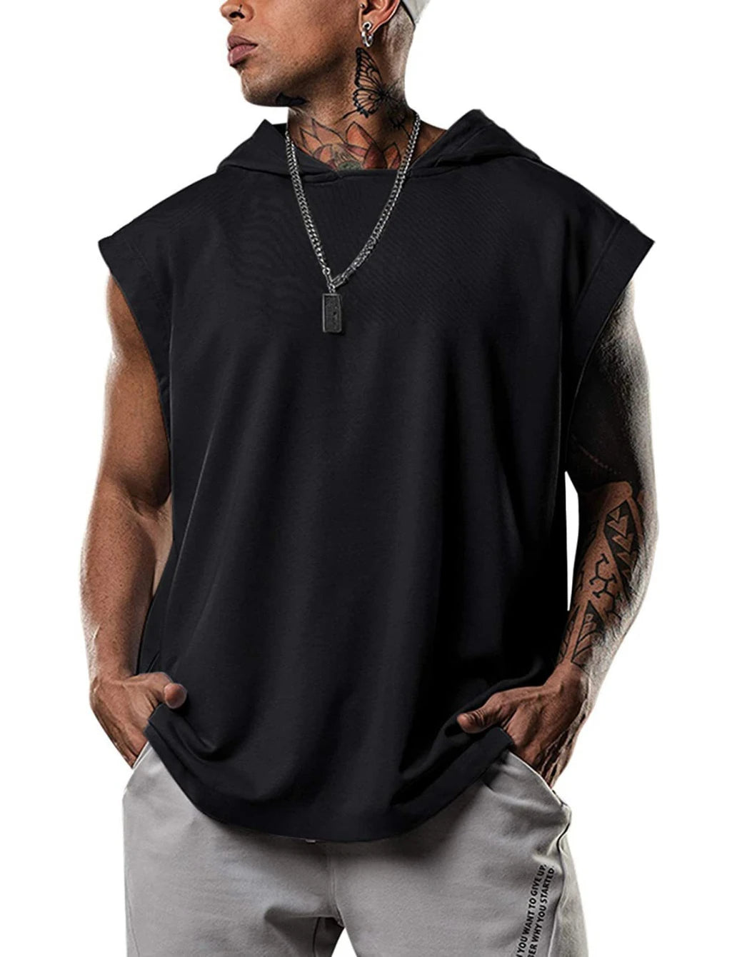 2026 Men Tank Top  Fitness Training Pullover Leisure Fashion Sleeve Men's Hooded Vest Solid Color Tank Tops For Male