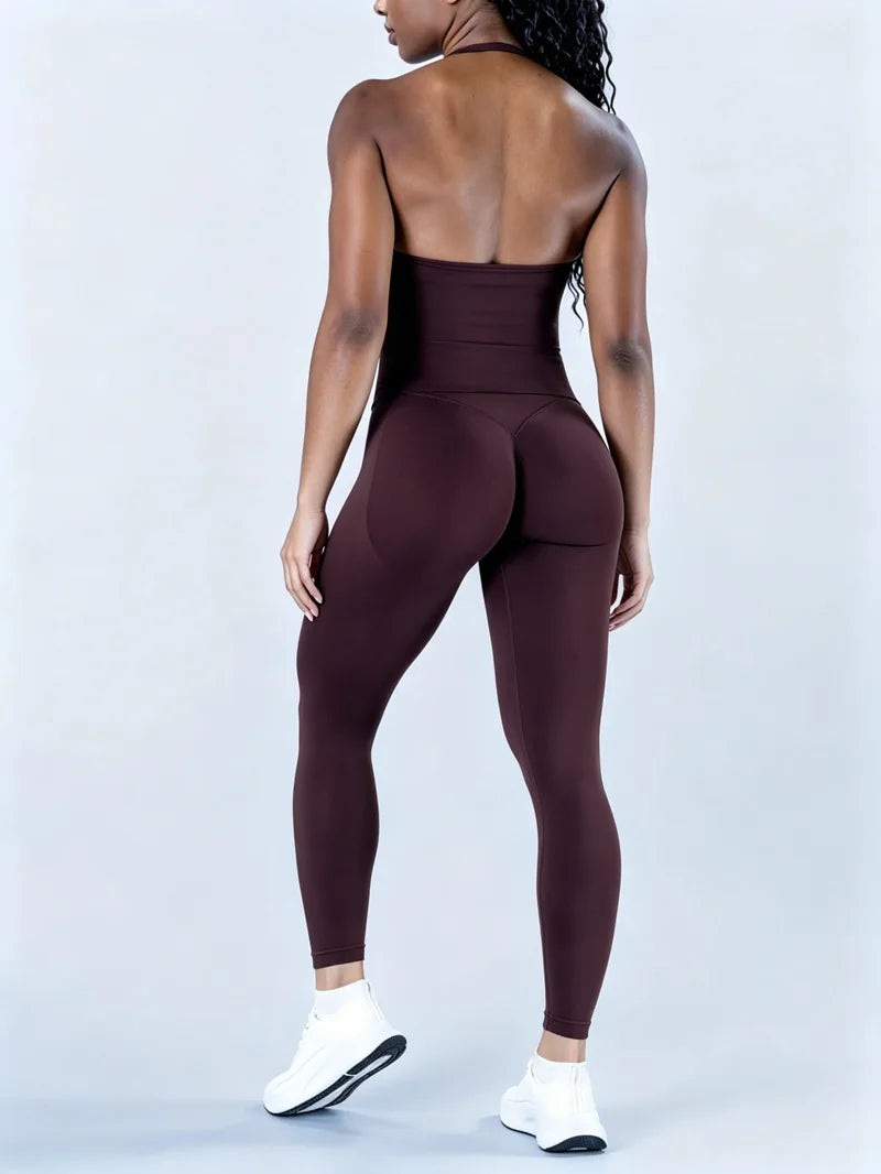 Women Yoga Set Seamless Sports Halter Neck Top Waist Trainer Leggings Suit Squat Proof Butt Lifting Workout Fitness Gym Clothing