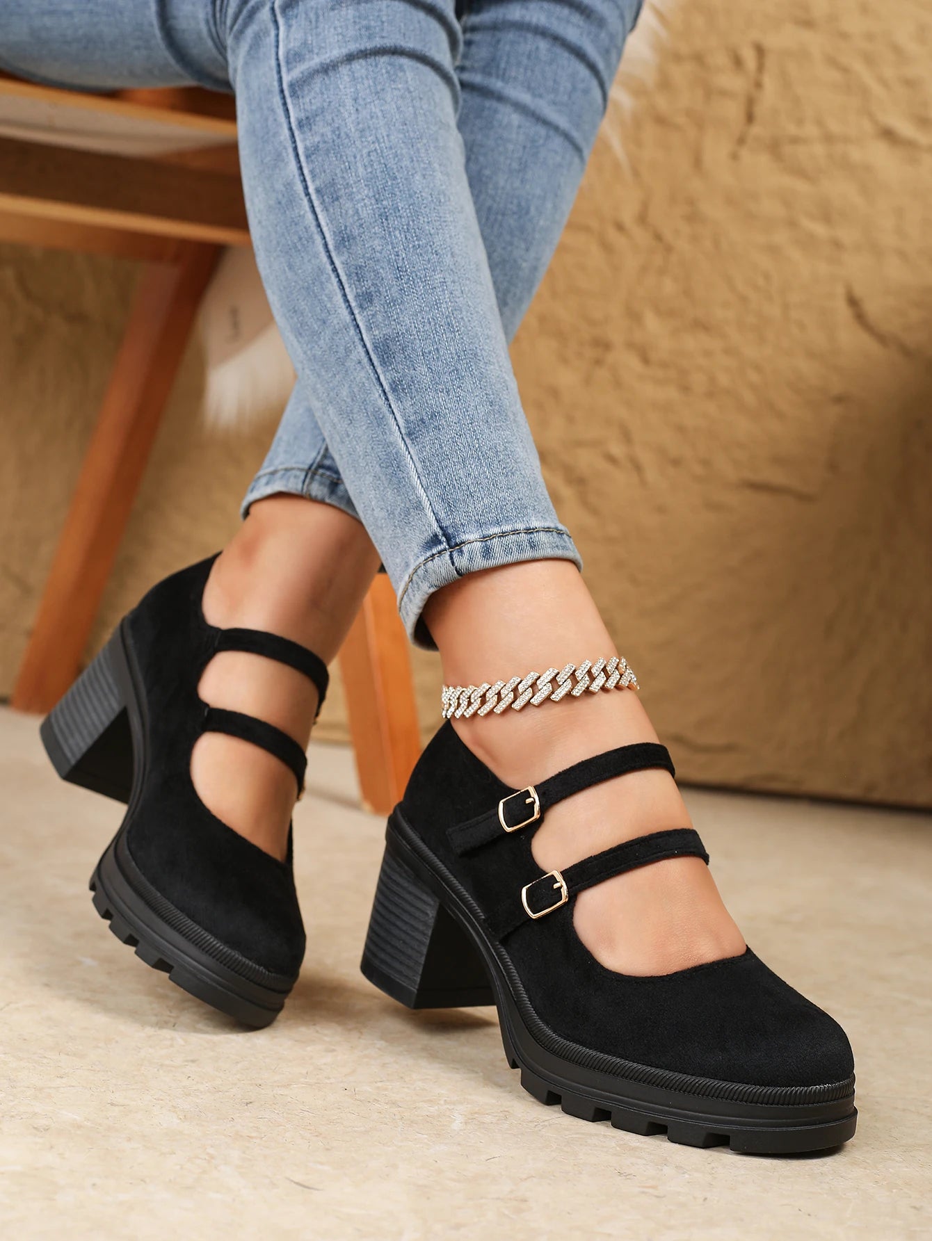 Women Square Heel Mary Jane Pumps