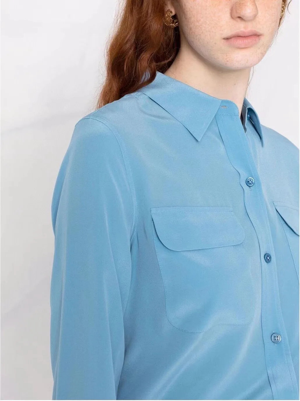 Women Real Silk Shirts Classic Double Pockets Solid Color Casual Fashion Long Sleeve Thin Shirt Blouses Tees