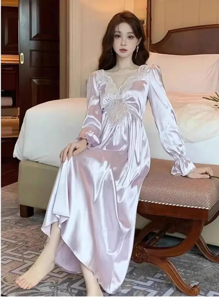 Female Long Nightdress Retro French Court Style Princess Nightgown Sleepwear Spring Summer Loose Rayon Home Clothes Lounge Wear