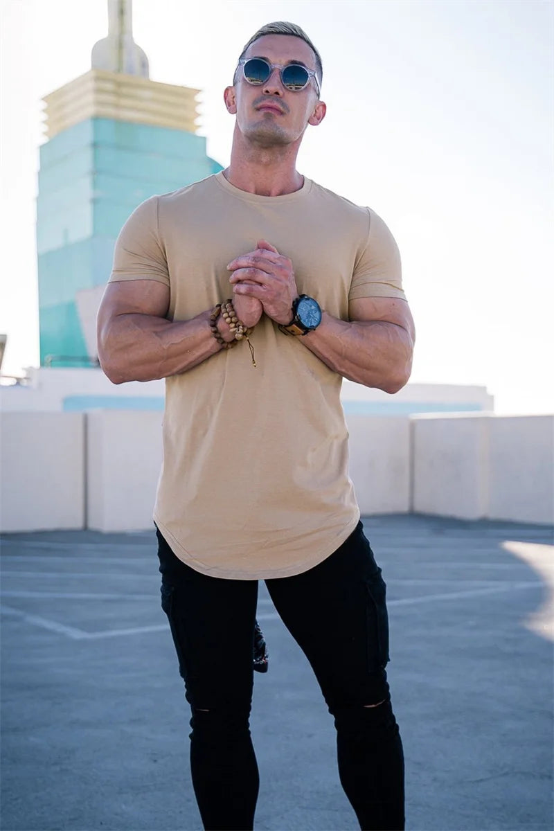 Muscle Training T-shirt Men's Summer Workout Short Sleeve T-shirt High Quality Cotton Fitness Men T-shirt Gym Solid Color Tops
