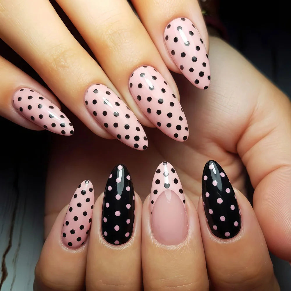Medium long fake nails for women girls pink white black red blue brown polka dots design almond ballet tips press on false nail