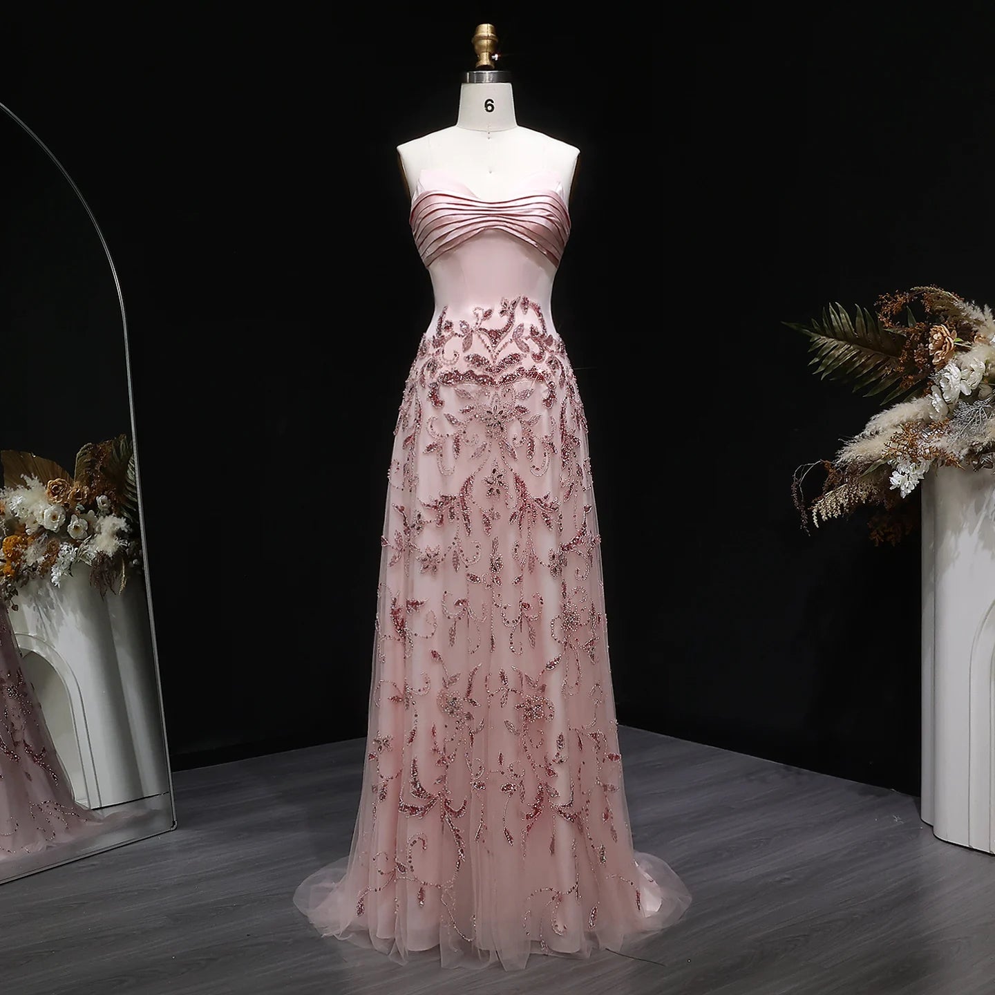 Pink Beaded Sweetheart Evening Gown