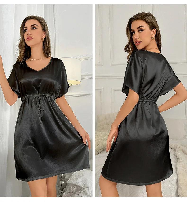 V-Neck Nightdress Loungewear Women Sleepwear Morning Gown Lingerie Sleepdress Robe Summer Nightgown Silky Satin Home Dress