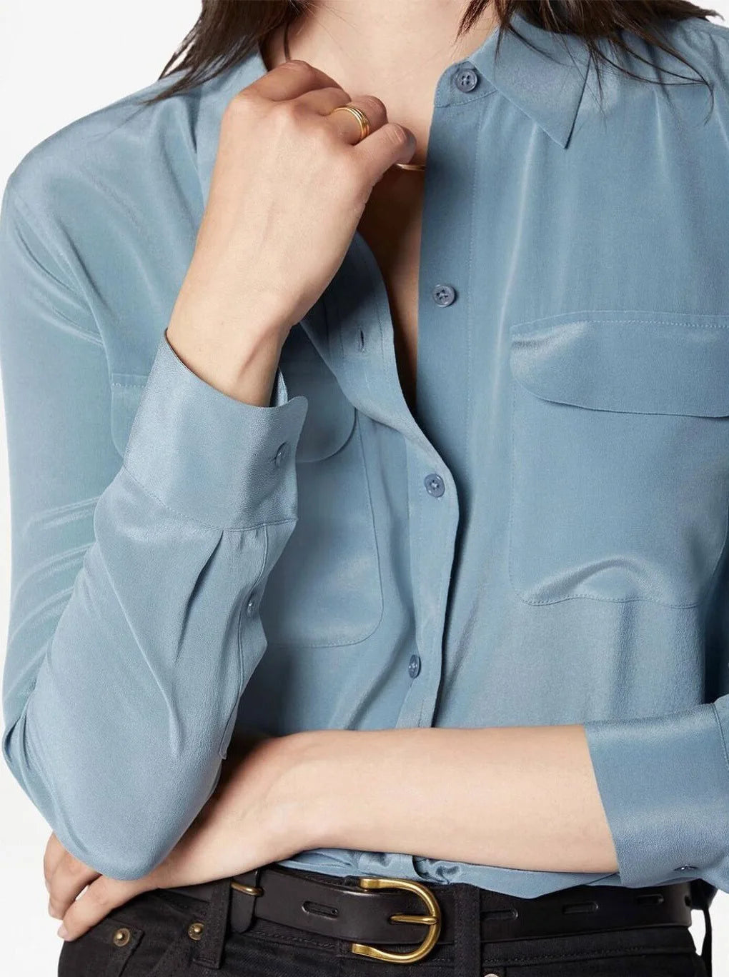 Women Real Silk Shirts Classic Double Pockets Solid Color Casual Fashion Long Sleeve Thin Shirt Blouses Tees