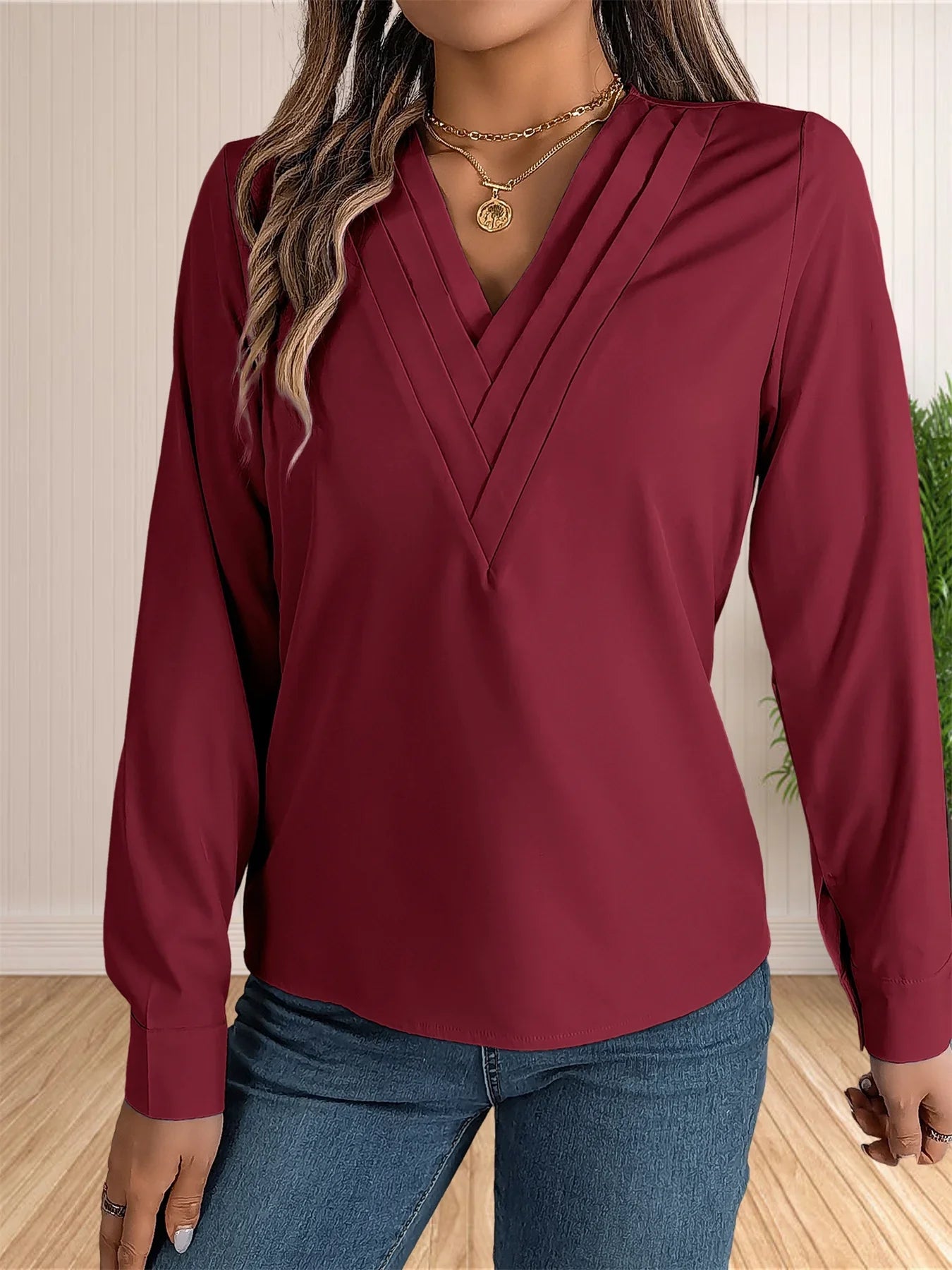 Elegant Layered V-Neck Office Blouse