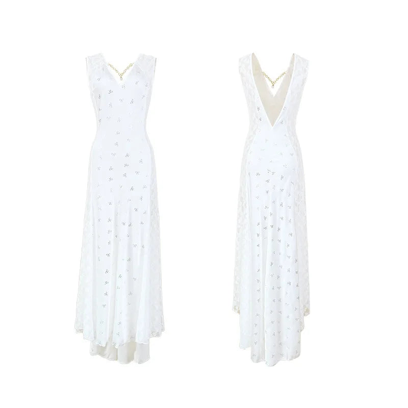 Women's Nightgown Luxury V Neck Sleeveless Night Dress Fashion Slim White Princess Long Dress Summer Ladies Sleepwear Vestido