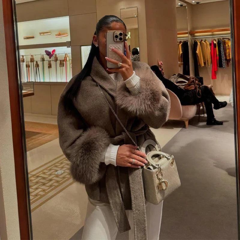 Elegant Women's Lace Up Woolen Coats Solid Full Sleeve Turn-down Collar Loose Lady Coats 2025 Autumn Winter Female Streetwear