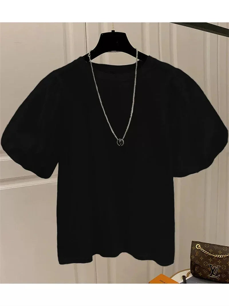 Mujer Cotton Tshirts for Women Summer T-shirts Puff Sleeve O-neck Tees Oversized Tops Fashion Sweet White Tees