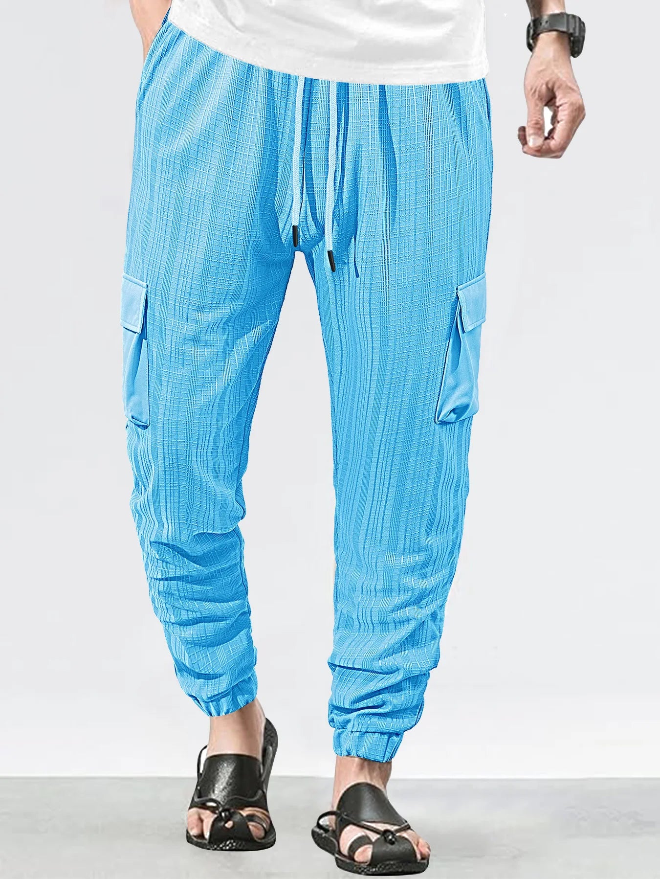 Men's Grid Cargo Joggers Drawstring Elastic Waist Multi Pocket Casual Ankle Length Trousers