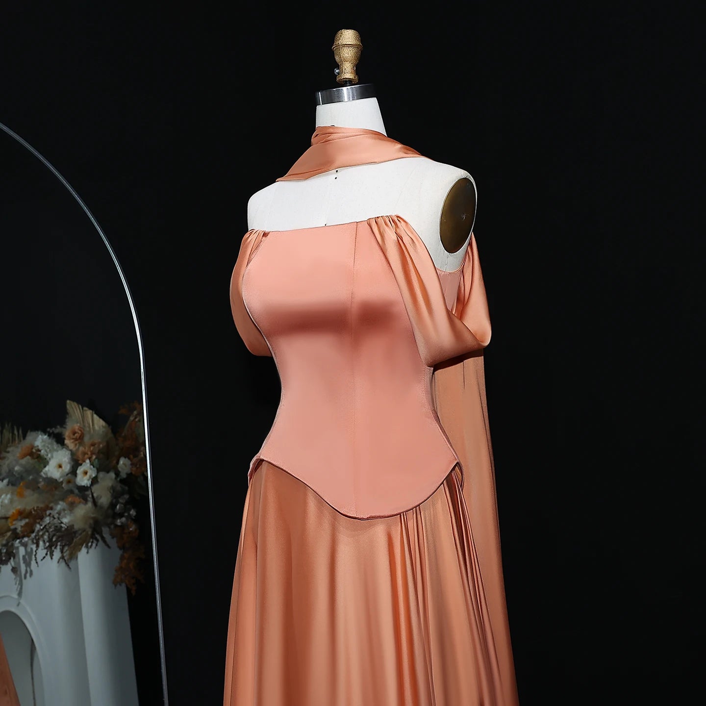 Brown Off Shoulder Chiffon Evening Gown