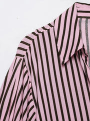 Women Striped Shirts For Women Vintage Elegant Puff Sleeve Summer New High Street Clothes Leisure Single-breasted Lapel Blouse