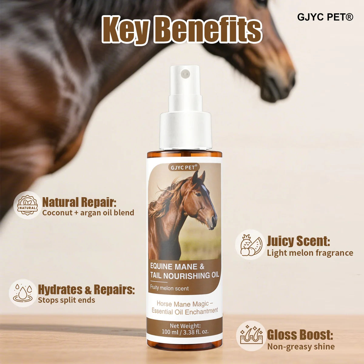 Horse Hair Care Oil 100ml - Mane Shine Essential Oil with Plant Ingredients Nourishing Coat Treatment Easy Carry for All Breeds