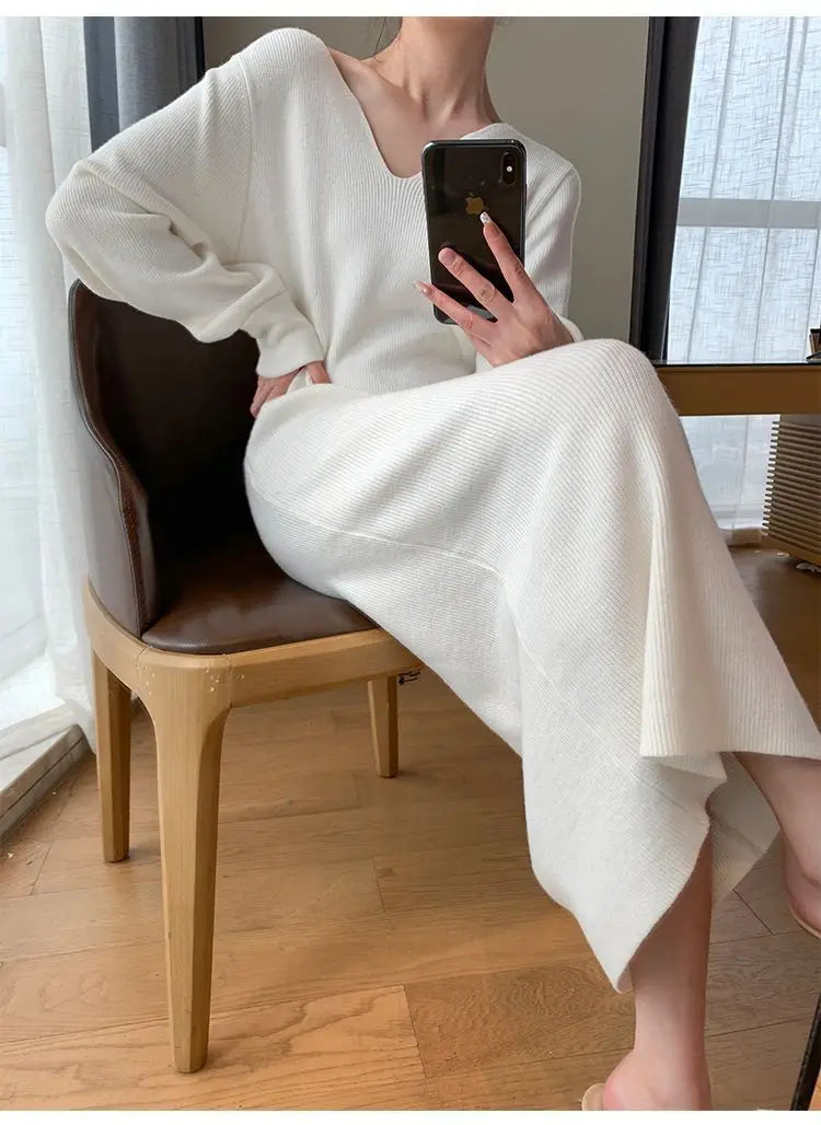 French Knit V-Neck Midi Dress