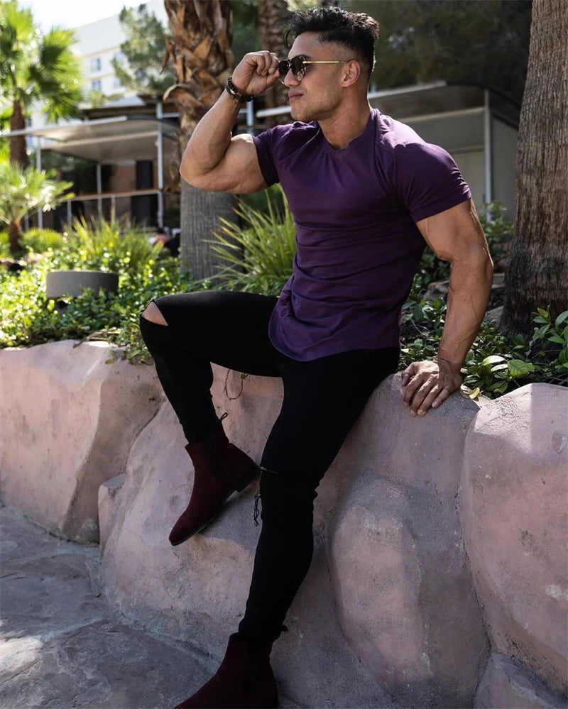 Muscle Training T-shirt Men's Summer Workout Short Sleeve T-shirt High Quality Cotton Fitness Men T-shirt Gym Solid Color Tops
