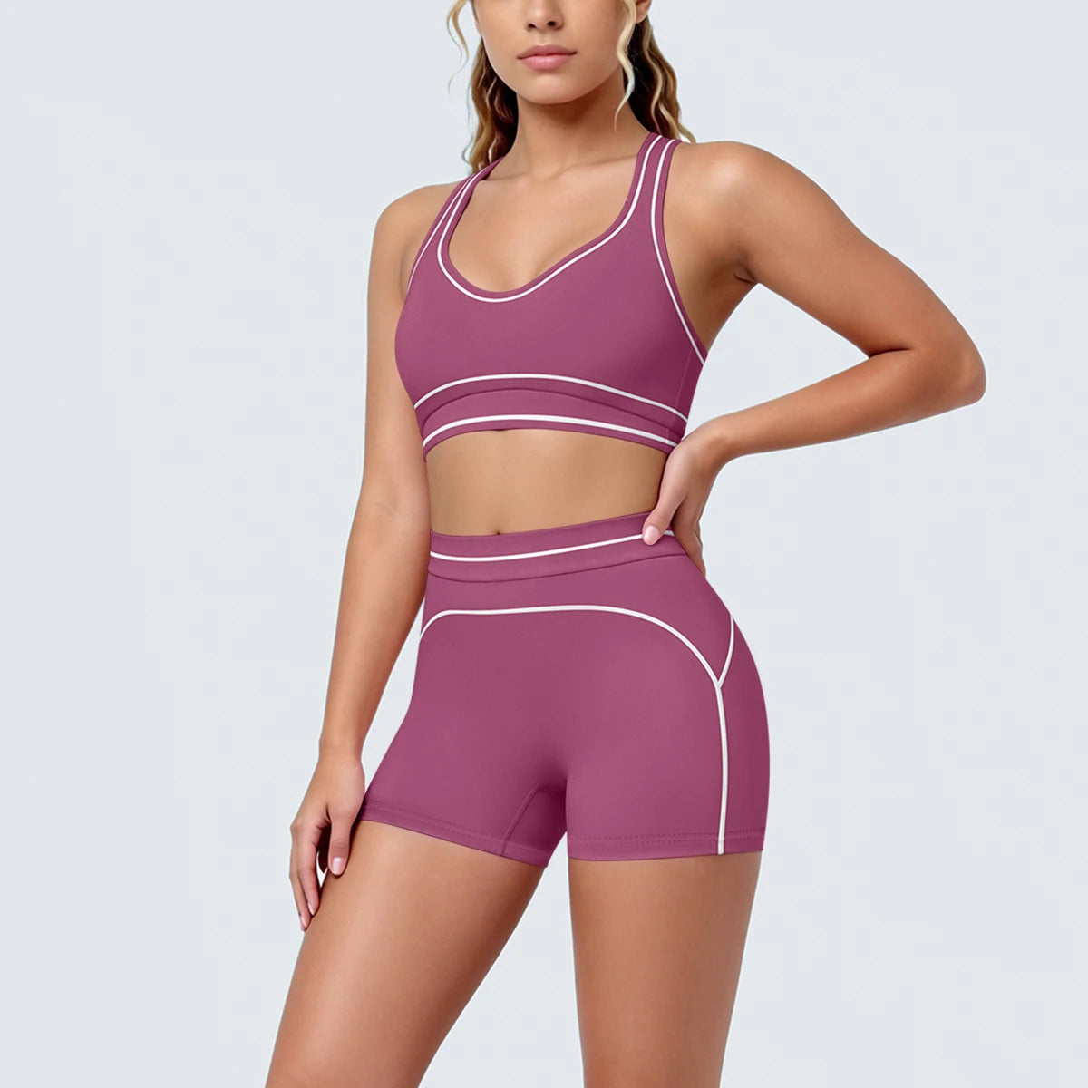 New Woman Yoga Set Color Blocking Sexy Sport Bra Yoga Underwear with Chest Pad High Waist Stripe Running Fitness Shorts Yoga Set