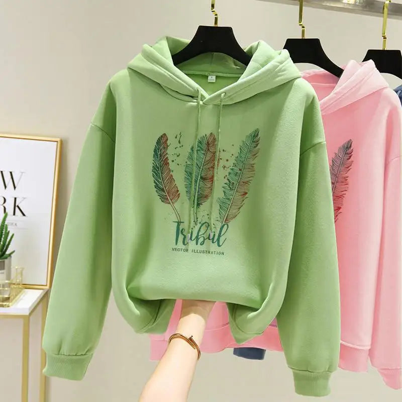 Feather Print Velvet Hooded Sweatshirt