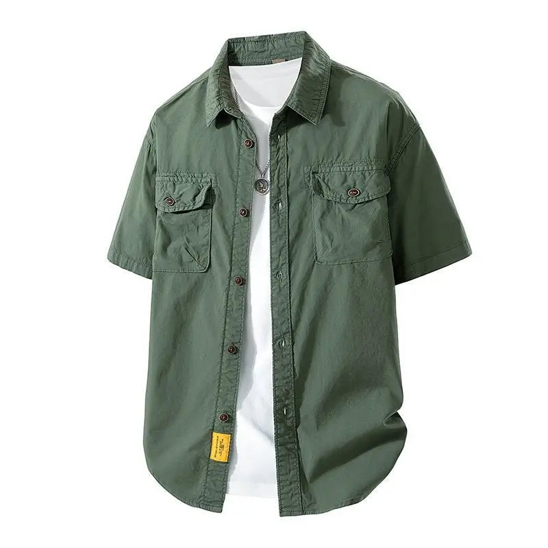 Workwear shirt for men summer loose and casual short-sleeved men American retro lapel coat trendy brand outdoor wear