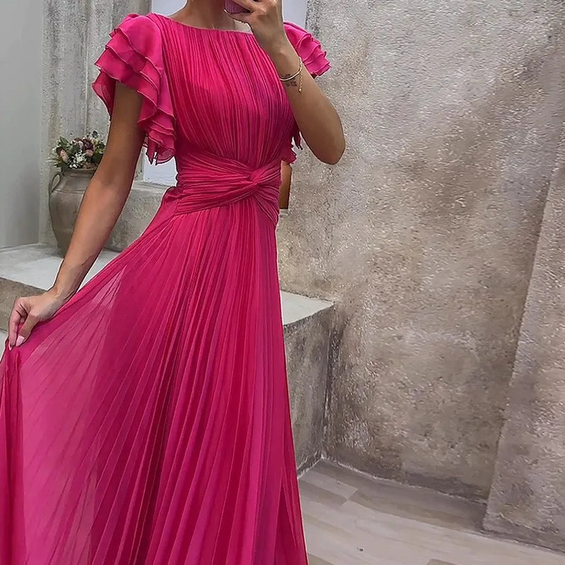 Wedding Guest Dress Elegant Party Long A Line Cap Sleeve Dresses Evening Pleated Off Shoulder Maxi Dress Fuchsia Pink Solid