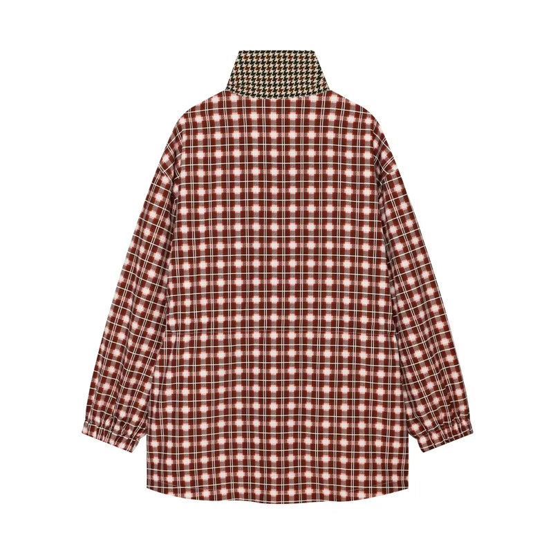 Women's Coat 2026 New Autumn Gray Plaid Long Sleeve Loose Drawstring Decorative Coat Casual Fashion Personal Ladies Outerwear